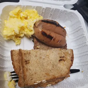 Eggs, chicken sausage, turkey patty, wheat bread