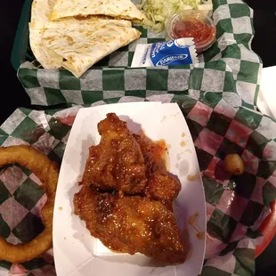 Basket Combo: chicken wings, onion wings, cheese curds (so good, we inhaled them), SPAM quesadilla