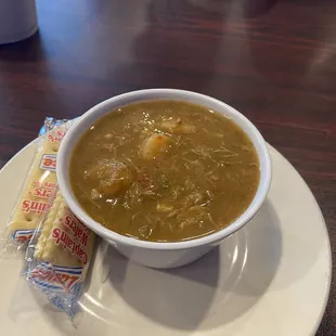 Cup of seafood gumbo-mostly shrimp and okra