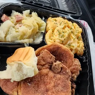 Pork chops macncheese cabbage