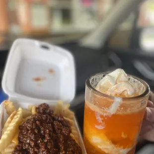 Chili cheese fries and orange float