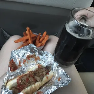 Italian sausage with kraut . Sweet potato fries and root beer