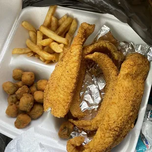 Catfish dinner with Okra and French fries