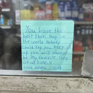 Note written by young customer.