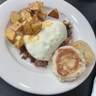 Corned Beef Hash with two eggs over medium.