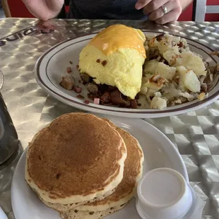 Meat omelette, home fries, silver dollar pancakes