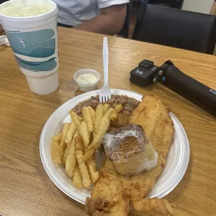 "Fish Friday" special with pintos &amp; cornbread, and fries.
