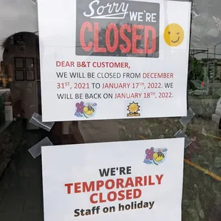 Closed from Dec 31 to Jan 17