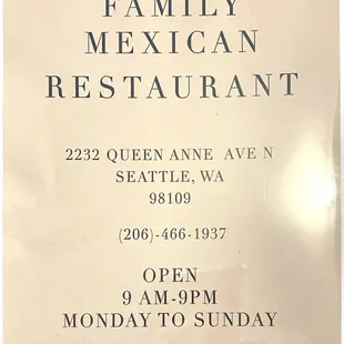 Menu front.  Amazing - open 12 hours a day 7 days a week!