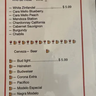 Alcohol menu