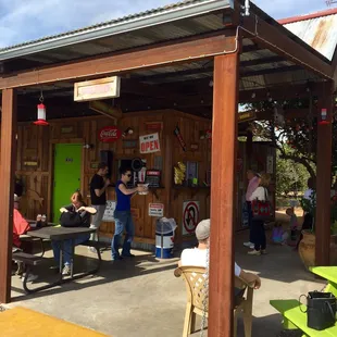 people sitting at picnic tables