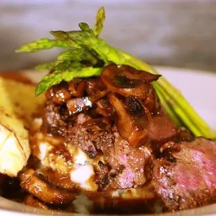 a plate of meat and potatoes