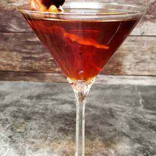 Bacon Manhattan- Bacon infused Bulleit Bourbon, Sweet Vermouth, and Angostura Bitters