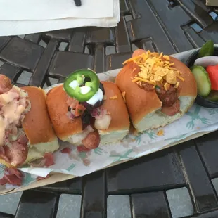 3 Little Pig Sampler - Ruben, bacon wrapped with black beans, and a chili cheese