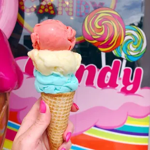 Triple scoop: blood orange sorbet, pineapple sorbet, &amp; cotton candy ice cream!