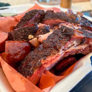 3 meat platter. Babyback ribs, sausage, Brisket (moist)