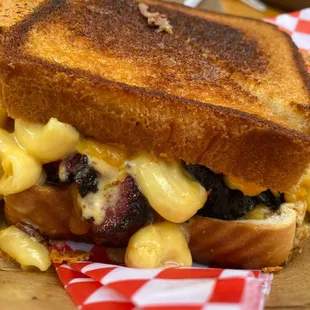 Brisket and Mac and cheese sandwich on Texas toast -- MAGNIFICENT and our girls loved it!!
