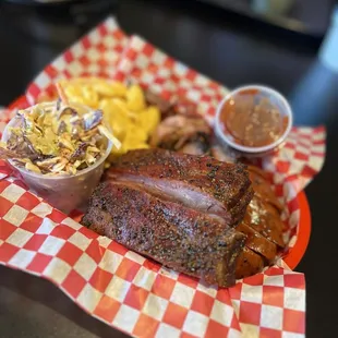Three 3 Meat Plate - Brisket, ribs, smoked jalapeño sausage