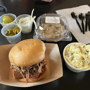 The Big Daddy Sandwich, potato salad, huge chocolate chip cookie and all the fixings.