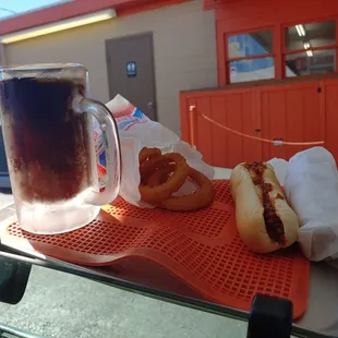 Spanish dogs, onion rings, and a frosty mug of root beer.