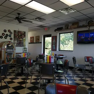 a restaurant with checkered floor