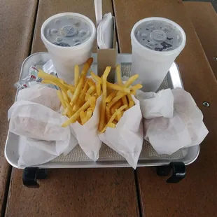 Fresh crispy fish ff pickles  Ice tea. Rootbear