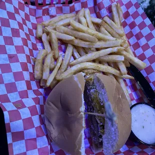 Sheep burger and fries