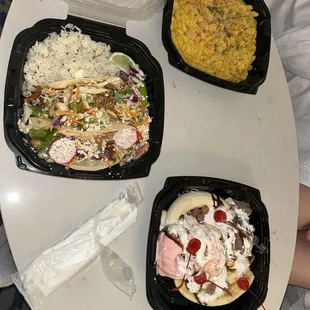Room service  Chicken tacos, mac n cheese and banana split