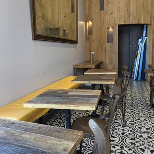 a row of tables in a restaurant