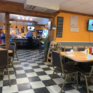 dining area with checkered floor