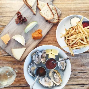 $1 oysters, truffle fries ($8) + cheese board ($17)