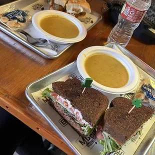 Meatball sandwich, sirloin sandwich, Thai curry potato soup.