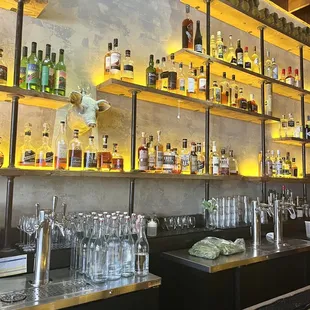 shelves of liquor bottles and glasses