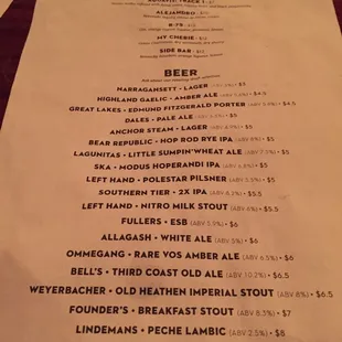 Cocktail and beer list