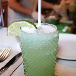 Limoncello Margarita (tequila, limoncello, lime). Sugar around the rim, which made this drink amazing!