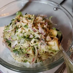 Shaved Brussels Sprouts Salad (apples, pancetta, parmesan, red onion, chillis, lemon vinaigrette, parsley). DELICIOUS!