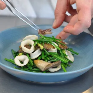 Charred Chive Blossoms with Oyster Mushrooms and Squid