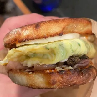 Mushroom &amp; Ham breakfast sandwich with hot sauce!