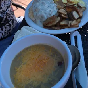 Green chile bowl and biscuits and gravy with pappas and scrambled eggs
