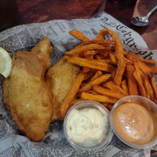 Fish and chips with sweat potato fries