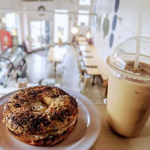 Iced Lavender Latte &amp; Everything Bagel with Cream Cheese.