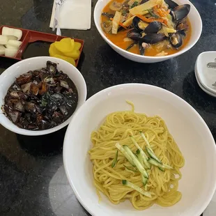 Seafood black bean noodle.  Muscle jjambbong