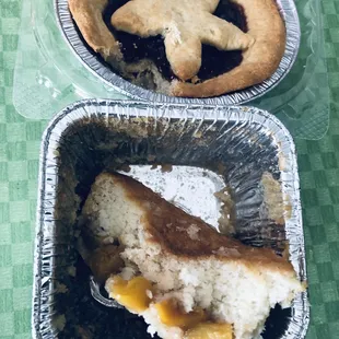 Side view of guava pie, peach cobbler. Cobbler has cake topping not pie.