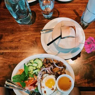 Spicy Pork Belly Broken Rice Plate with Fried Egg, Fresh Coconut Juice (ig: @ouitsfood)