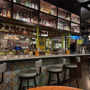 a view of a bar with stools