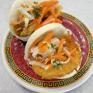 Sweet chili hash bao in the front and fried shrimp bao in the back.