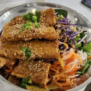 Rice noodles with Crispy Panko Red Curry Tofu &amp; Bok Choy w vermicelli