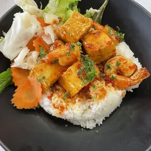 Shrimp and Tofu rice bowl with sweet chili sauce