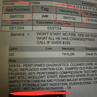 Warranty information and them saying not worth fixing