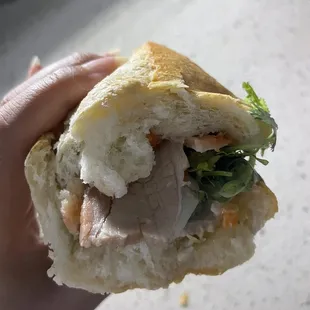 a hand holding a sandwich